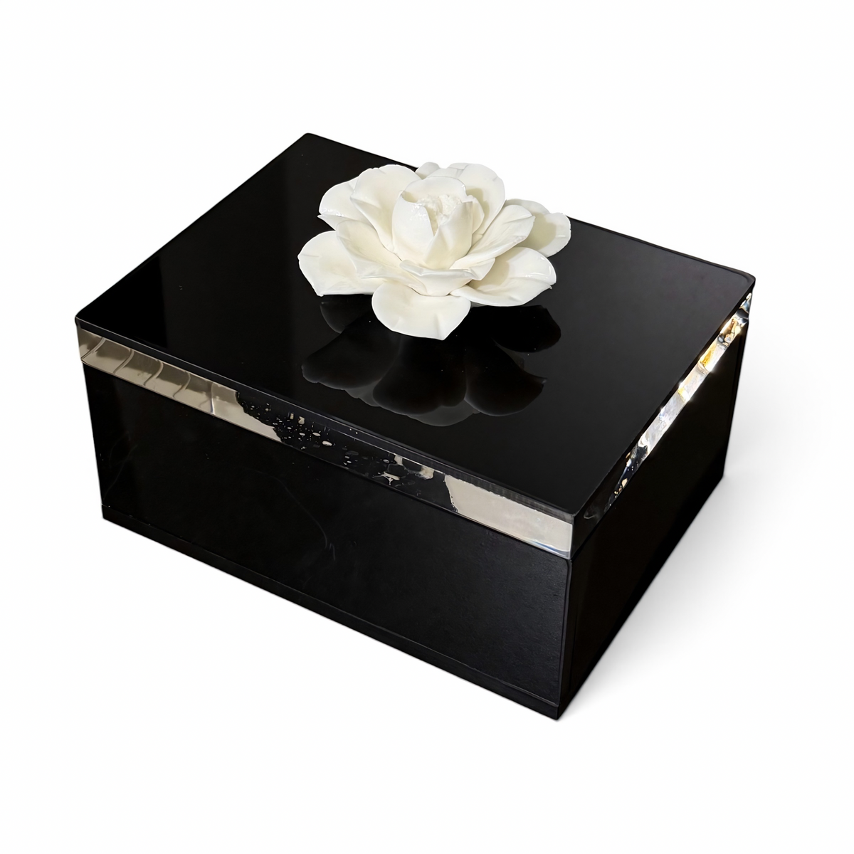 Caja tarjetas grandes negra con flor de ceramica
