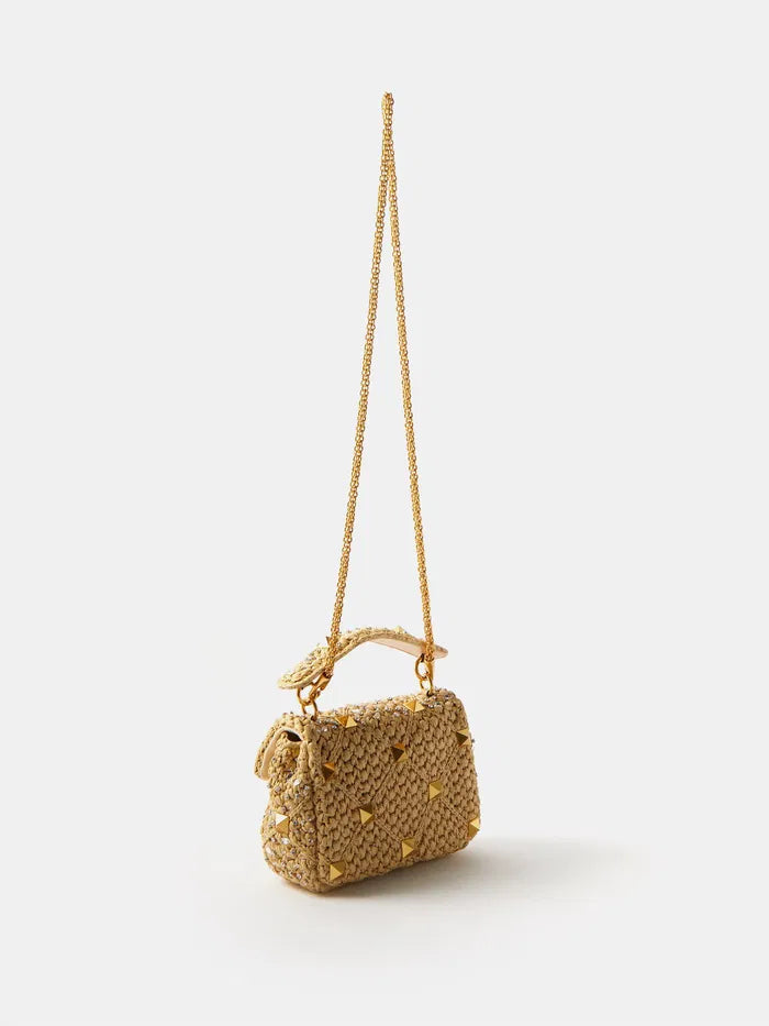 Roman Stud Medium Leather Shoulder Bag in Raffia
