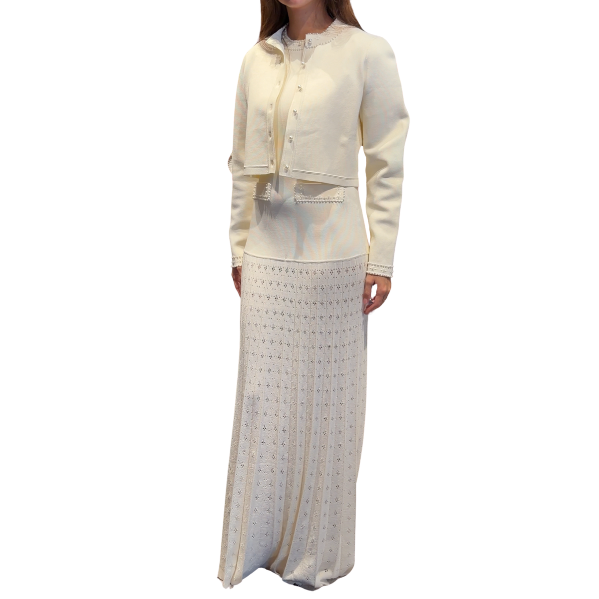 Set Blanco de Vestido Knit con Perlas