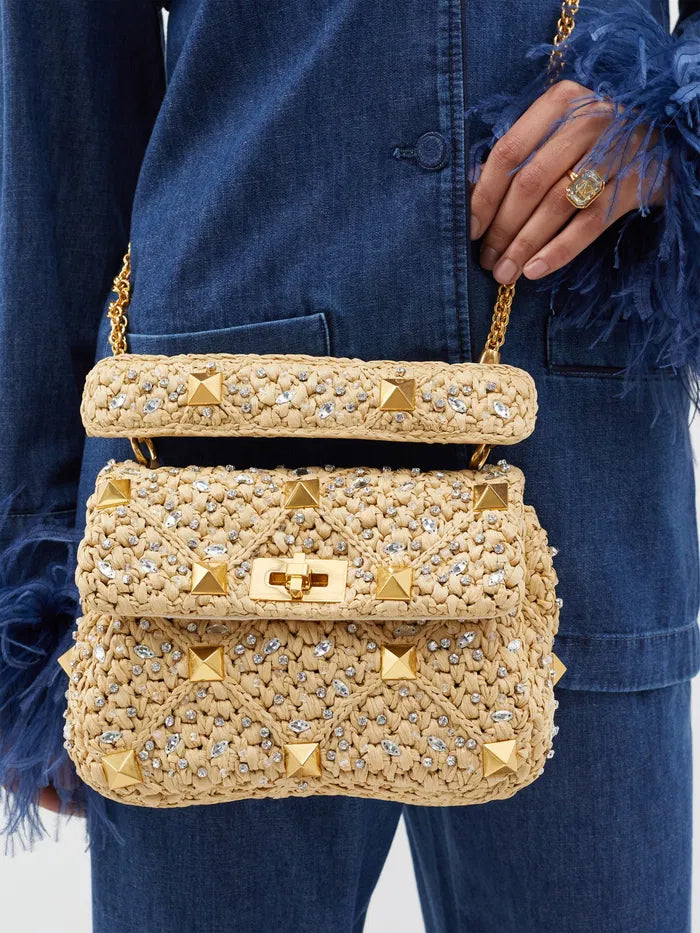 Roman Stud Medium Leather Shoulder Bag in Raffia