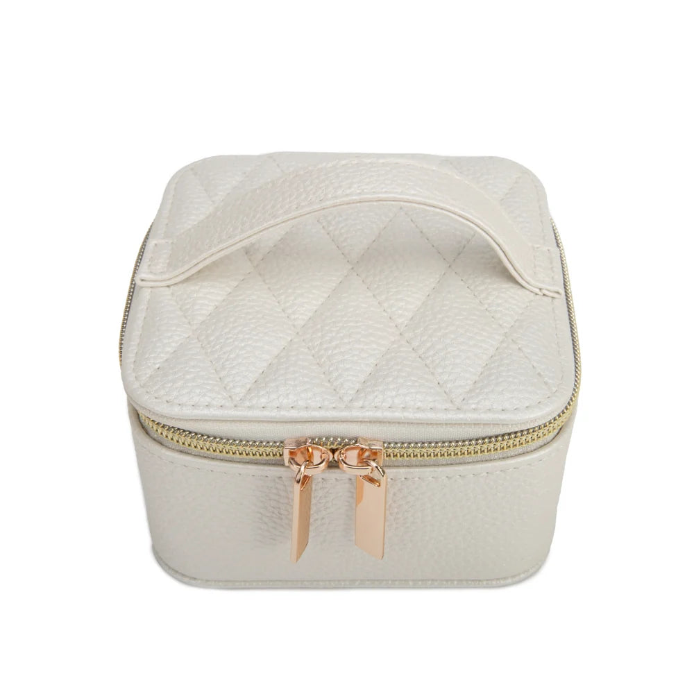 Leah Quilted Travel Jewelry Case with Pouch (Pearl White)