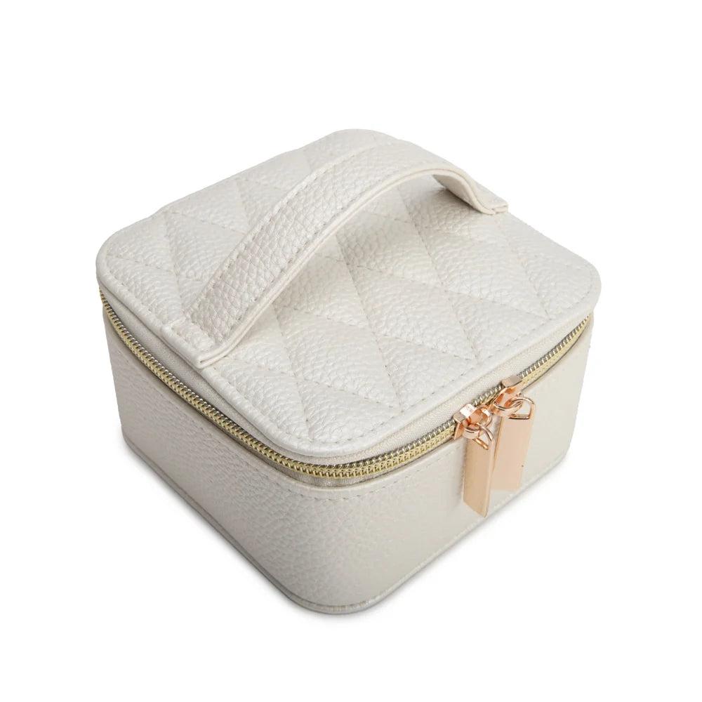 Leah Quilted Travel Jewelry Case with Pouch (Pearl White)