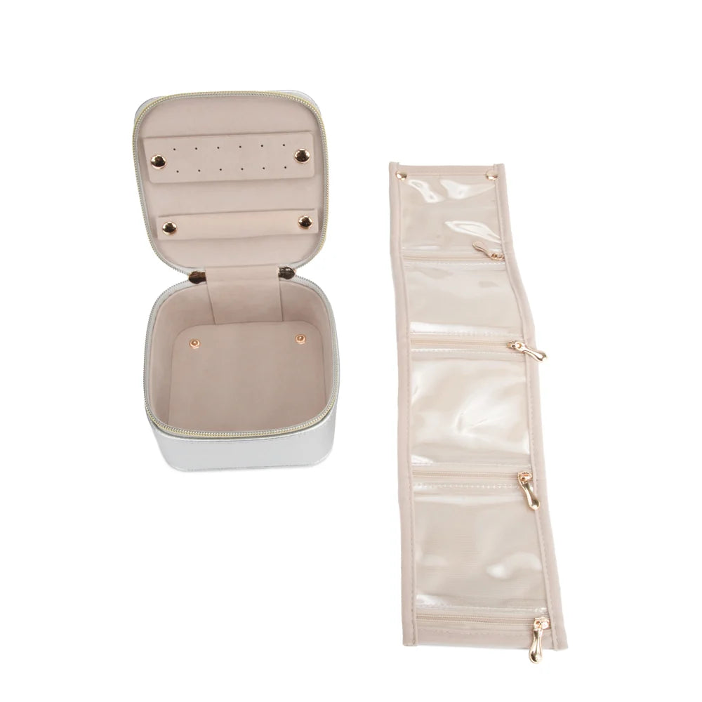 Leah Quilted Travel Jewelry Case with Pouch (Pearl White)