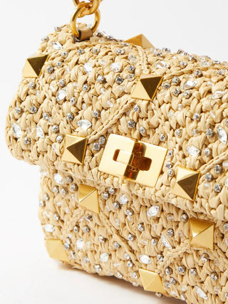 Roman Stud Medium Leather Shoulder Bag in Raffia