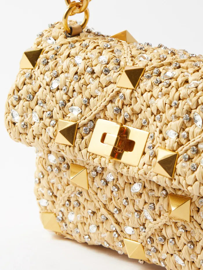 Roman Stud Medium Leather Shoulder Bag in Raffia