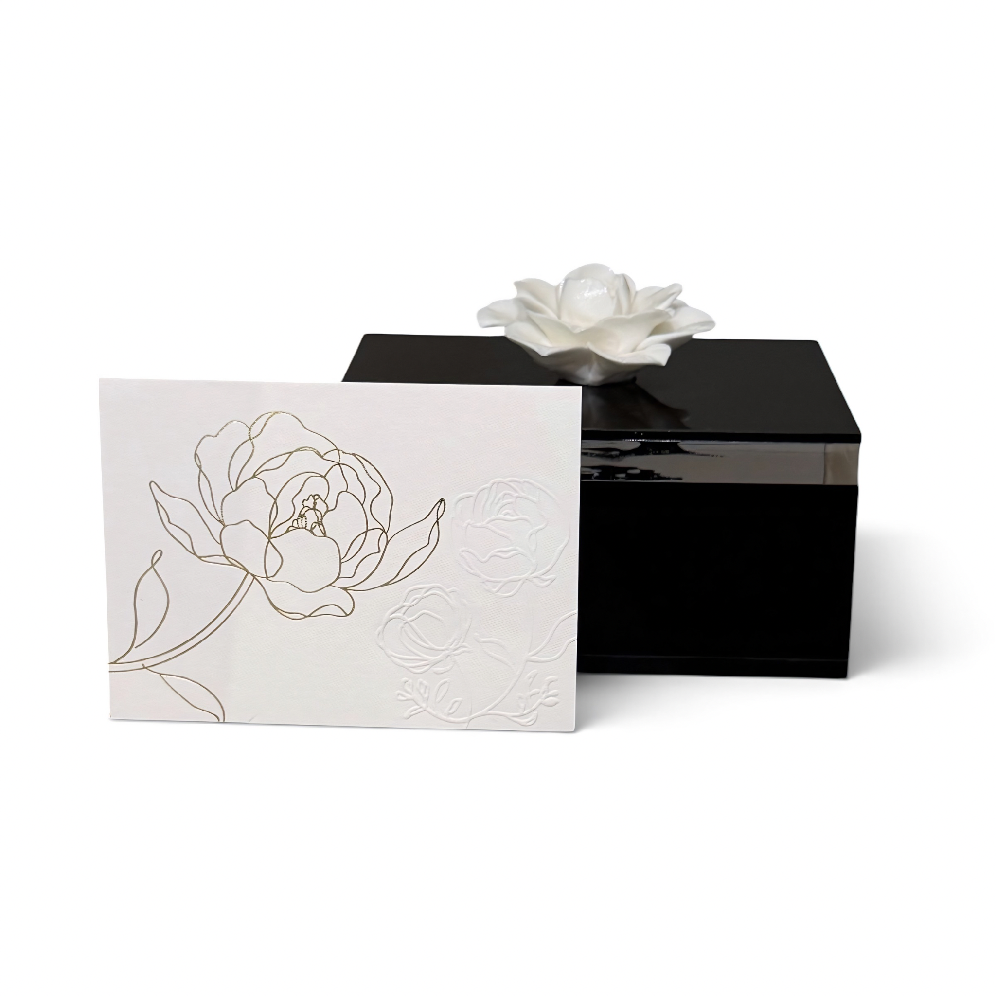 Caja tarjetas grandes negra con flor de ceramica