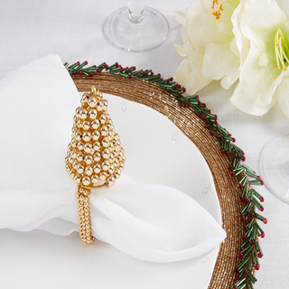 Gold Beaded Christmas Tree Napkin Ring - Set of 12