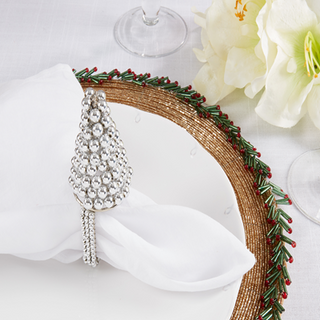 Silver Beaded Christmas Tree Napkin Ring - Set of 12