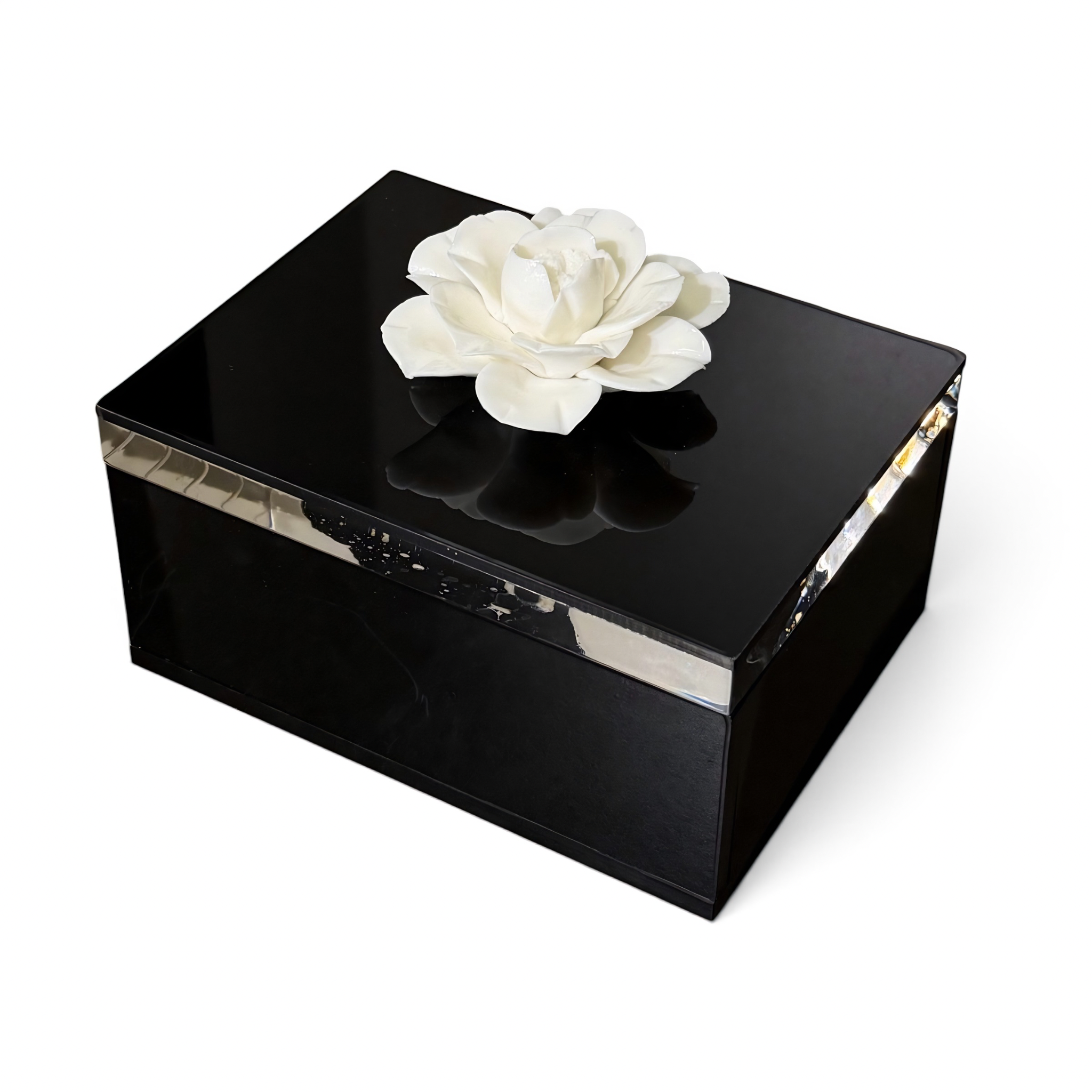 Caja tarjetas grandes negra con flor de ceramica