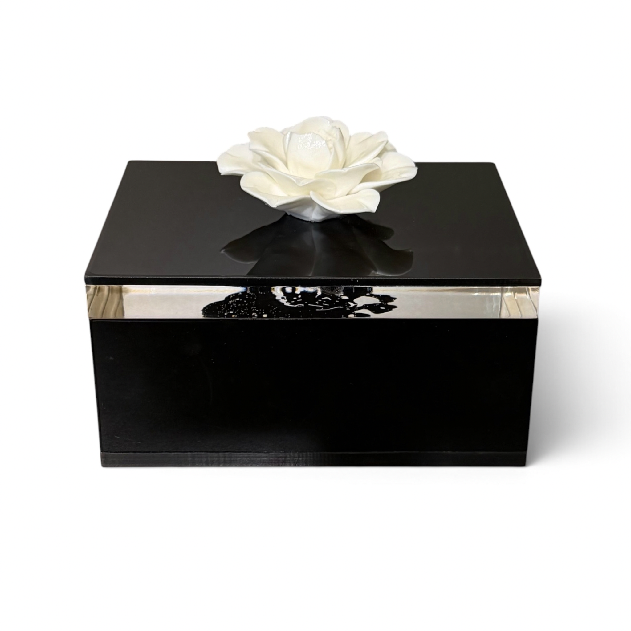 Caja tarjetas grandes negra con flor de ceramica