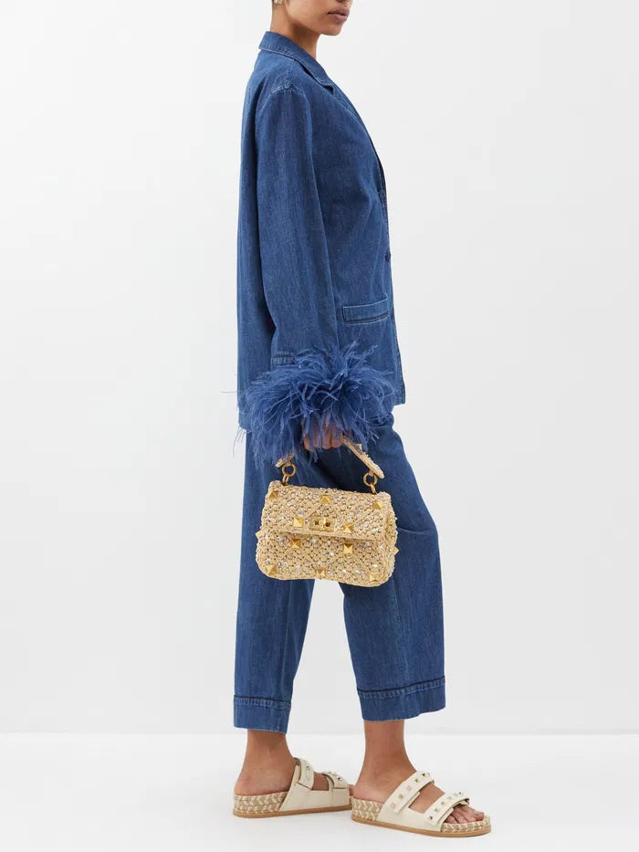 Roman Stud Medium Leather Shoulder Bag in Raffia