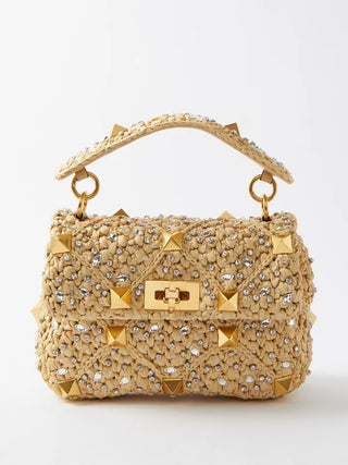 Roman Stud Medium Leather Shoulder Bag in Raffia
