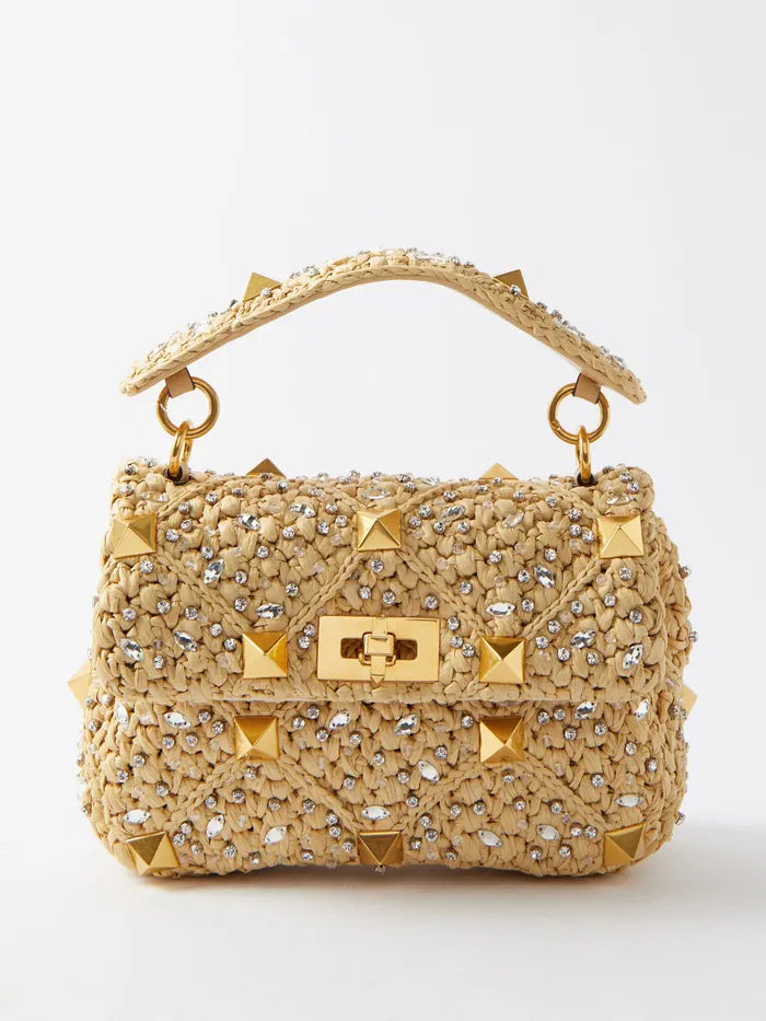 Roman Stud Medium Leather Shoulder Bag in Raffia