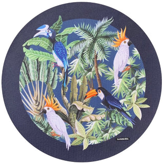 Individual de uso diario redondo "aves tropicales con marco azul"