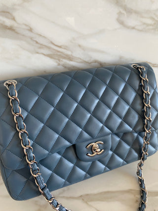 CLASSIC LARGE BLUE LAMBSKIN FLAP BAG