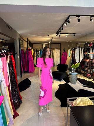Vestido Midi Rosa Bordado